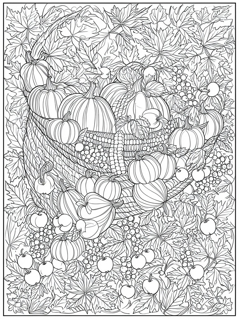 Detailed line drawing of a cornucopia spilling pumpkins, corn, apples, and berries amid dense autumn leaves.