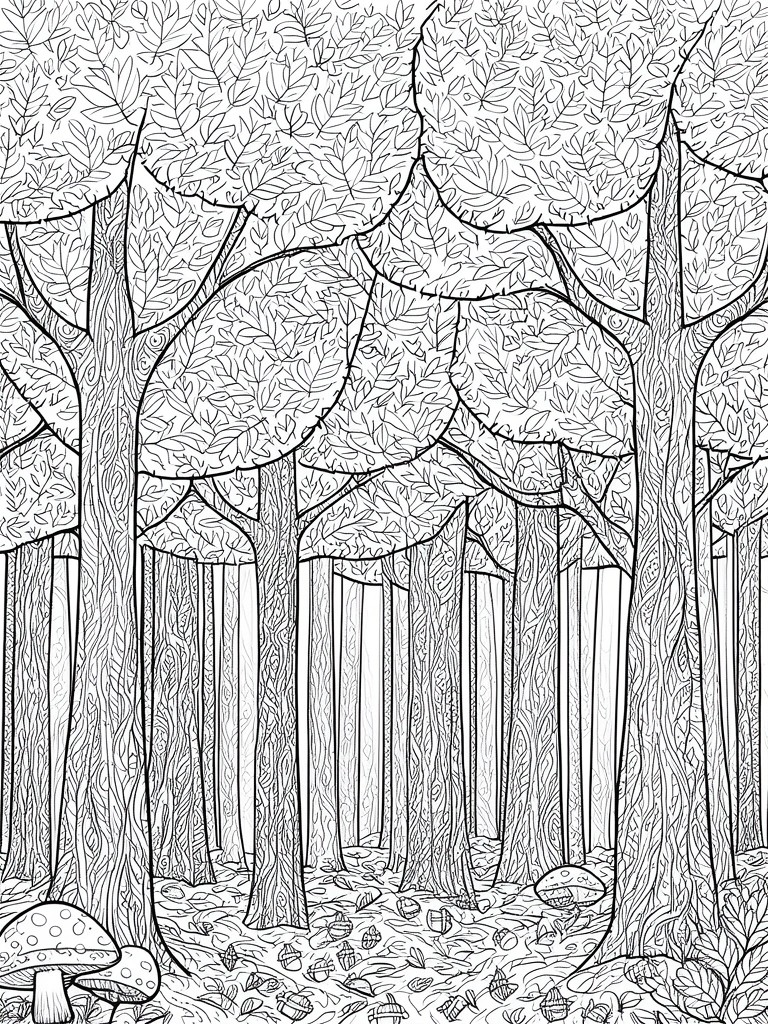 Black and white line art of dense forest with tall trees and mushrooms.