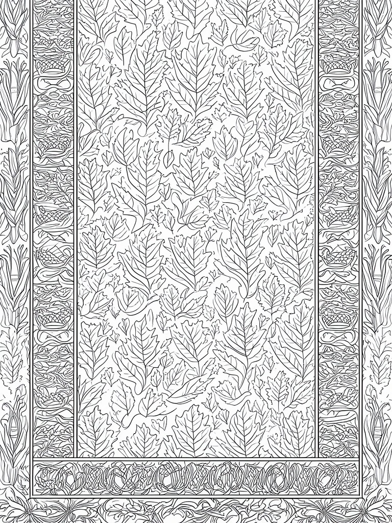 Intricate black and white line drawing of dense overlapping leaves in vertical panels with ornate borders.