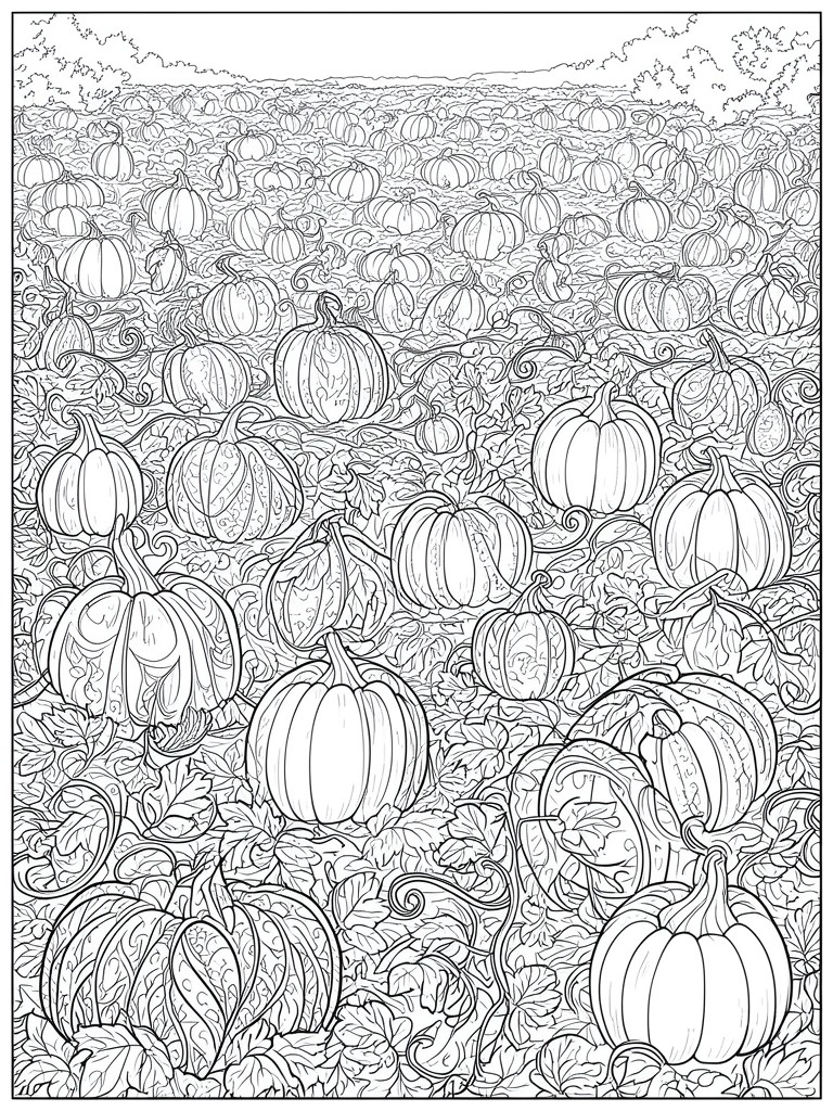 Coloring page of a vast pumpkin patch filled with pumpkins, vines, and leaves.