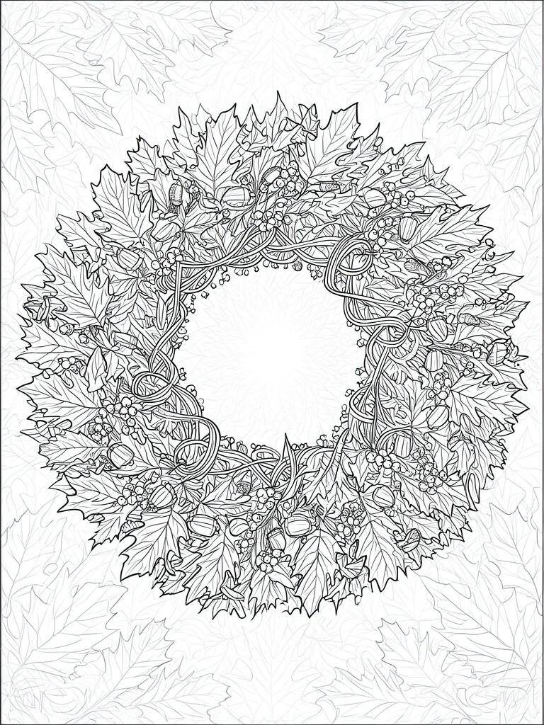 A black and white line drawing of a circular wreath made from fall leaves, acorns, and berries with an empty center and faint leaf patterns in the background.