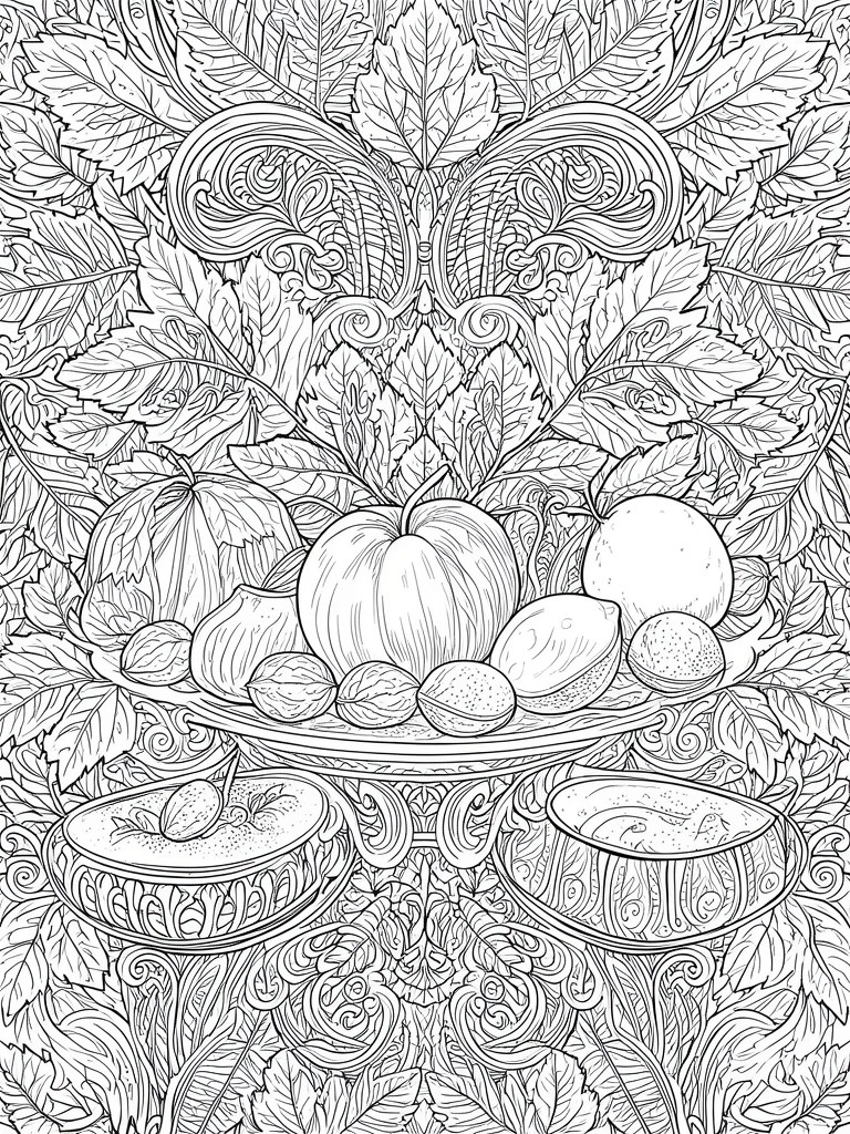 Detailed black-and-white line art of fruits, nuts, and ornate swirling foliage with decorative bowls