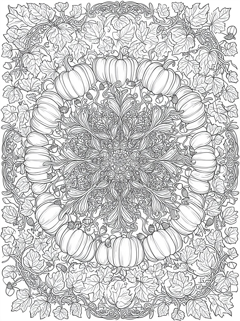 Intricate black-and-white mandala of pumpkins, acorns, and leafy vines in circular symmetry
