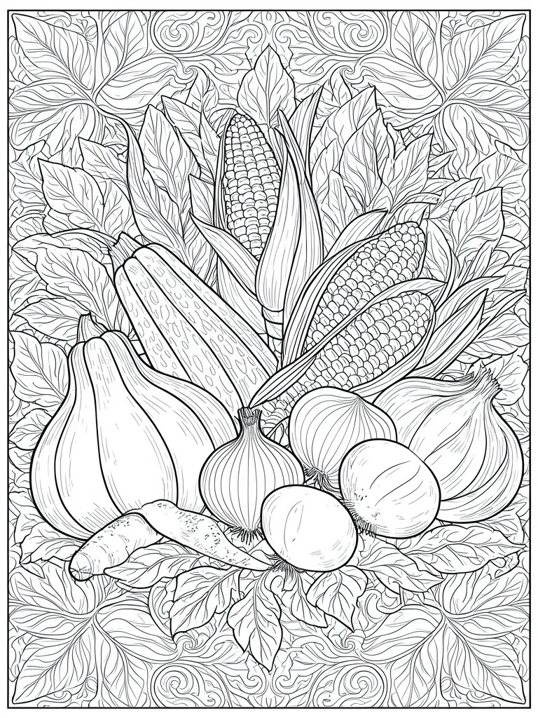 Black-and-white line art of corn, squash, onions, carrots amid leafy foliage.