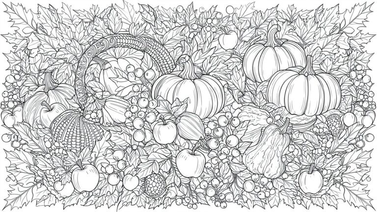 23 Free Printable Fall Coloring Pages for Adults Celebrating Thanksgiving Detailed line drawing of a cornucopia spilling pumpkins, corn, apples, and berries amid dense autumn leaves.