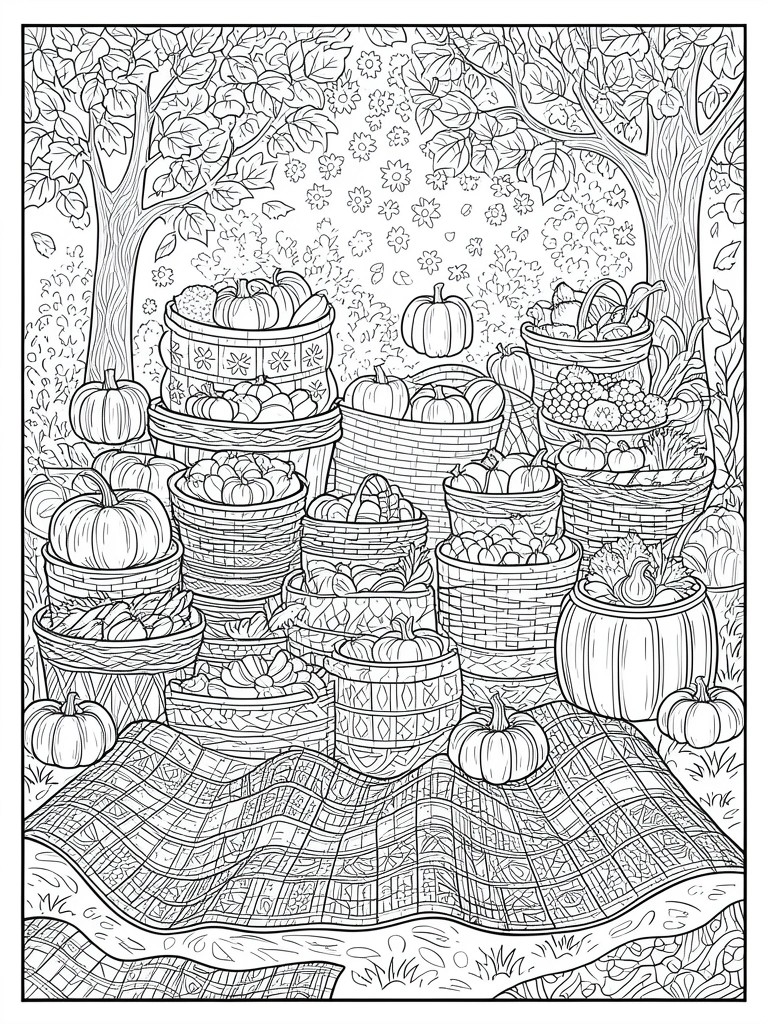 A black and white line drawing of baskets and barrels filled with pumpkins and vegetables arranged on a plaid blanket under trees.
