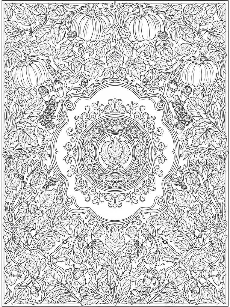 Intricate black-and-white line art of pumpkins, acorns, grapes around ornate central leaf medallion