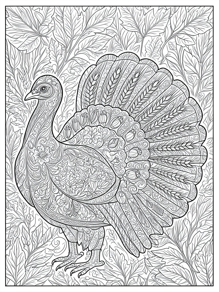 A black and white line drawing of a detailed turkey with patterned body and tail feathers standing among dense leaves.