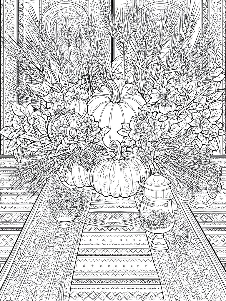 A detailed line drawing shows pumpkins, flowers, and wheat arranged with ornate vases on a patterned floor in front of arched panels.