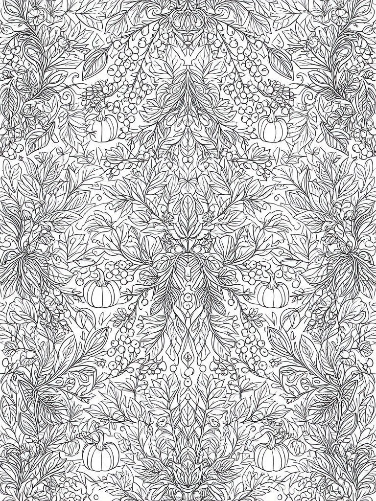 A black and white coloring page with a dense symmetrical pattern of leaves, berries, and pumpkins.