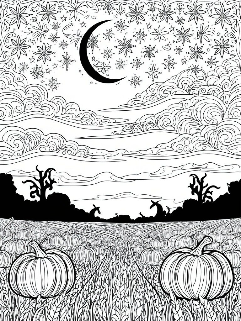 Line drawing of crescent moon above starry sky and pumpkin patch at night.