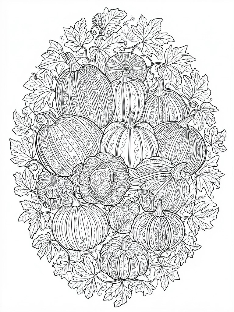 Detailed line art of patterned pumpkins and autumn leaves in oval cluster