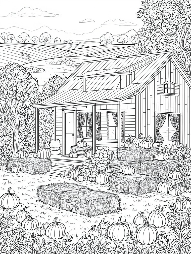 A black and white line drawing of a barn with pumpkins on hay bales and surrounding trees and hills.