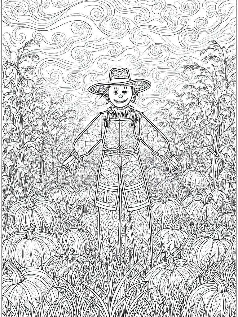 Scarecrow stands in a pumpkin patch amid corn stalks beneath a swirling sky