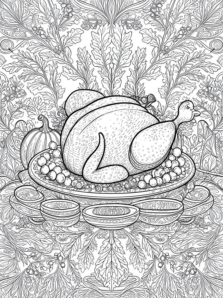 A black and white line drawing of a roasted turkey on a platter with grapes, bowls, a pumpkin, and dense leaf patterns in the background.