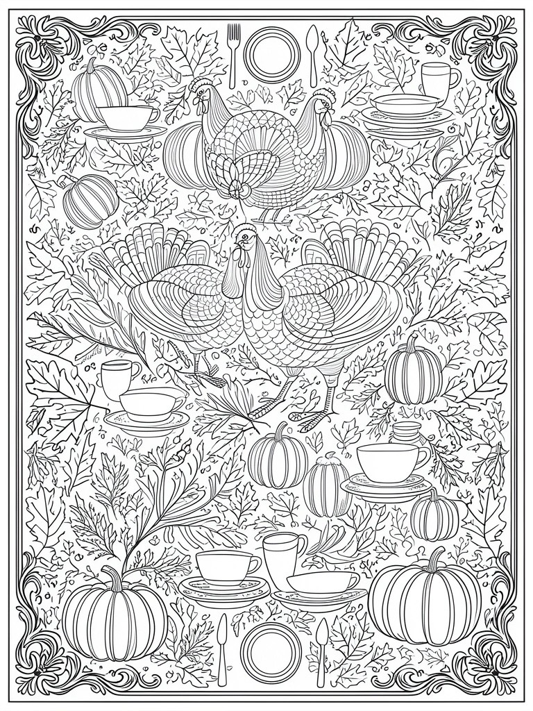 Coloring page with three turkeys, pumpkins, autumn leaves, and scattered dishware in black and white.