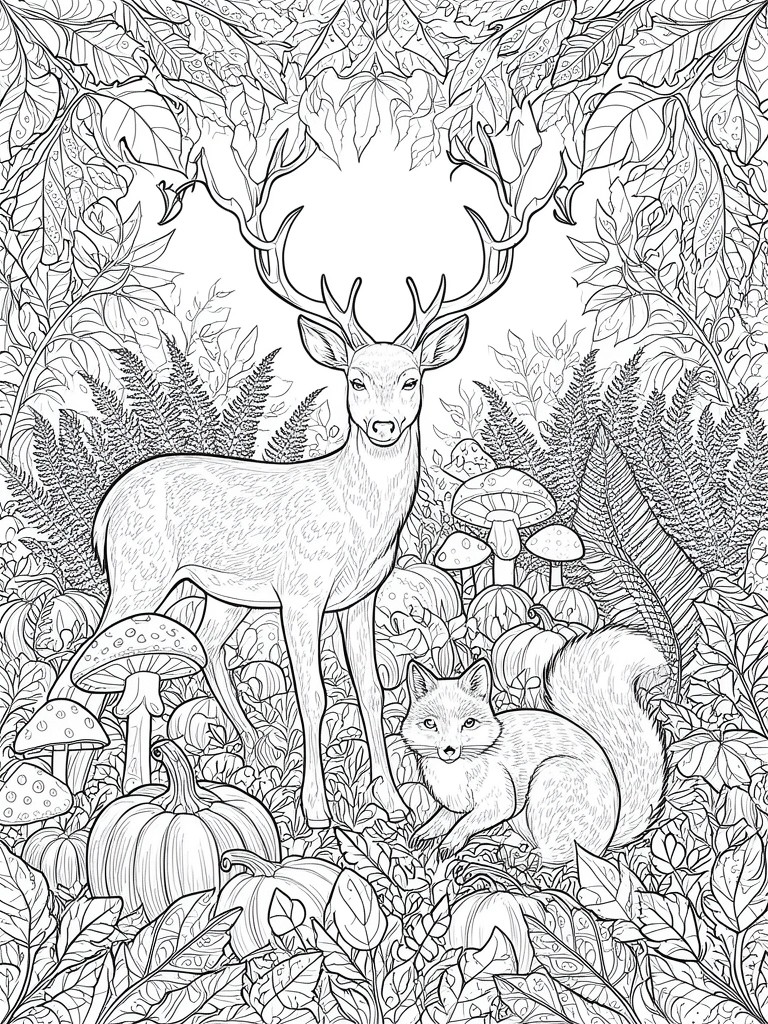 A black and white line drawing of a deer and fox in a forest filled with pumpkins, mushrooms, and foliage.