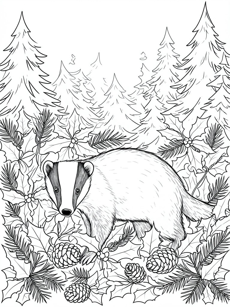 Black-and-white line drawing of a badger amid holly, pinecones, and evergreen trees.
