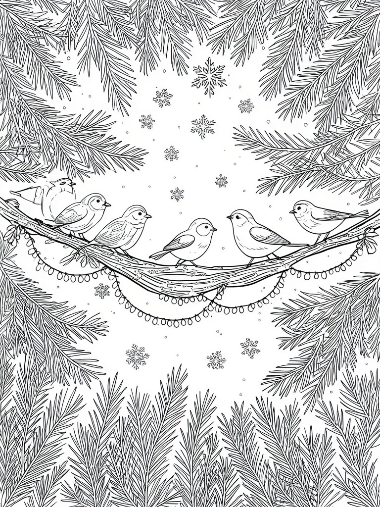 Several birds perch on a garland-draped branch amid pine boughs and snowflakes