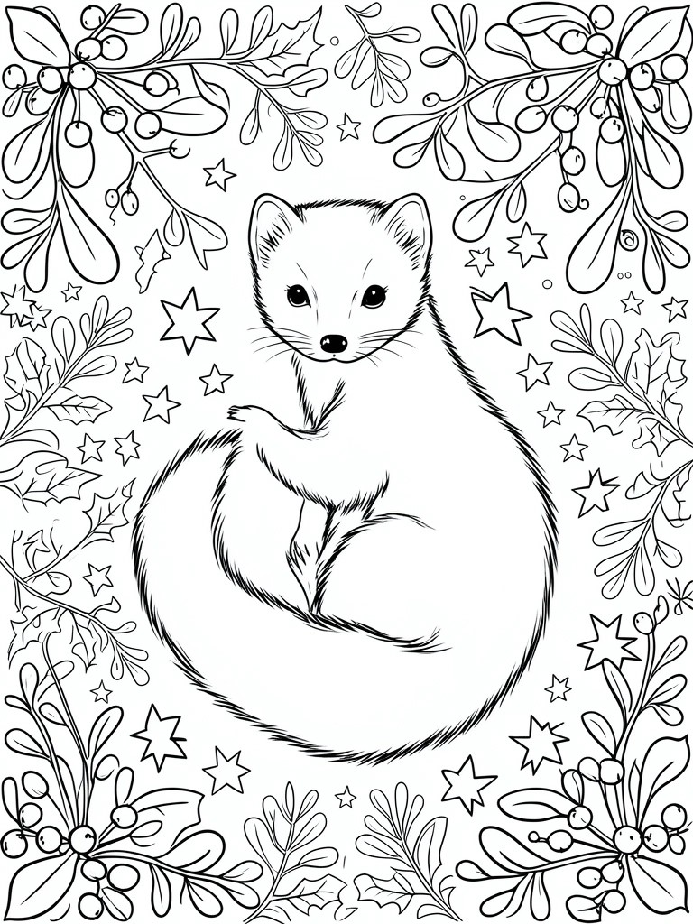 A black and white coloring page shows a small curled mammal in the center surrounded by mistletoe, holly, berries, and stars.
