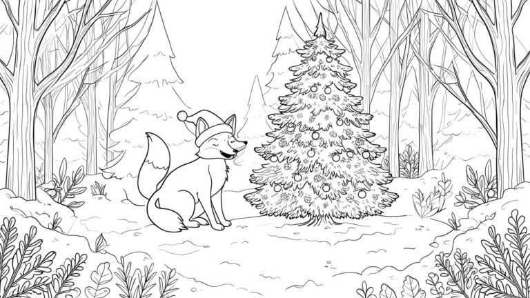 23 Lovely Christmas Animal Coloring Pages Featuring Woodland Holiday Friends Black-and-white line art of fox in Santa hat beside decorated tree in snowy forest.