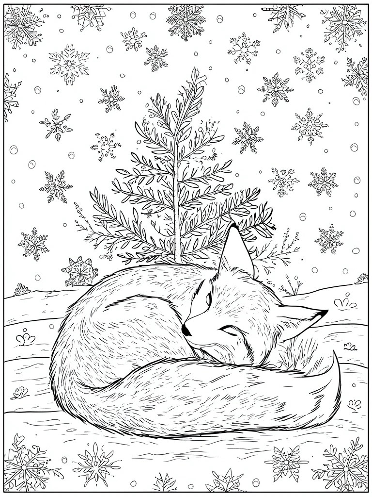A black and white line drawing of a fox curled asleep in snow with a small tree behind it and snowflakes scattered around.