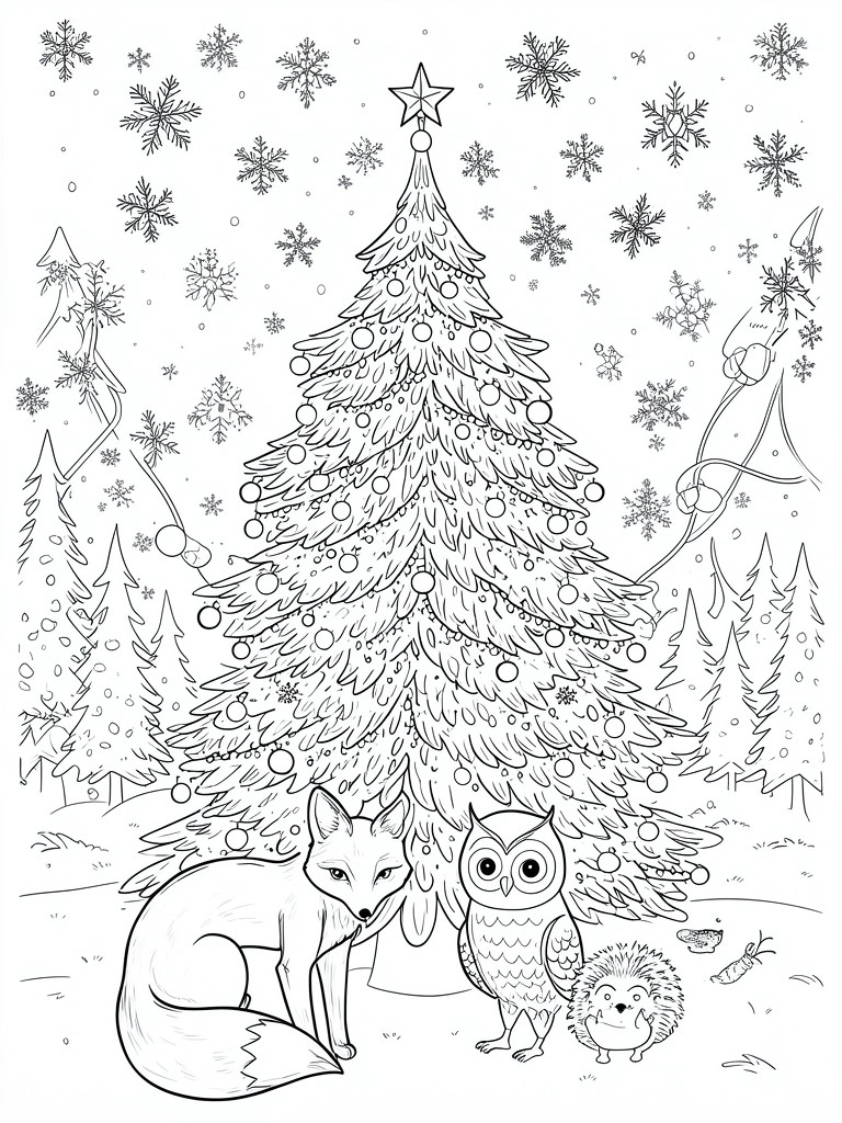 Coloring page of fox, owl, and hedgehog beside a decorated Christmas tree in snow.
