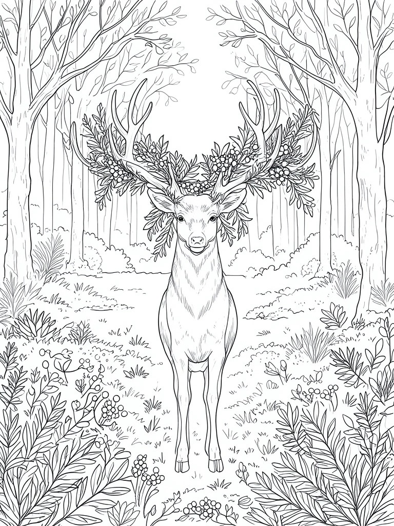 Line art of a deer with antlers decorated by leaves and berries in a forest.