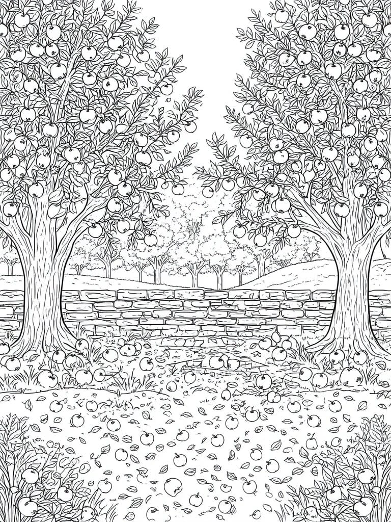 Line art of an apple orchard with trees, a stone wall, and fallen apples on the ground.