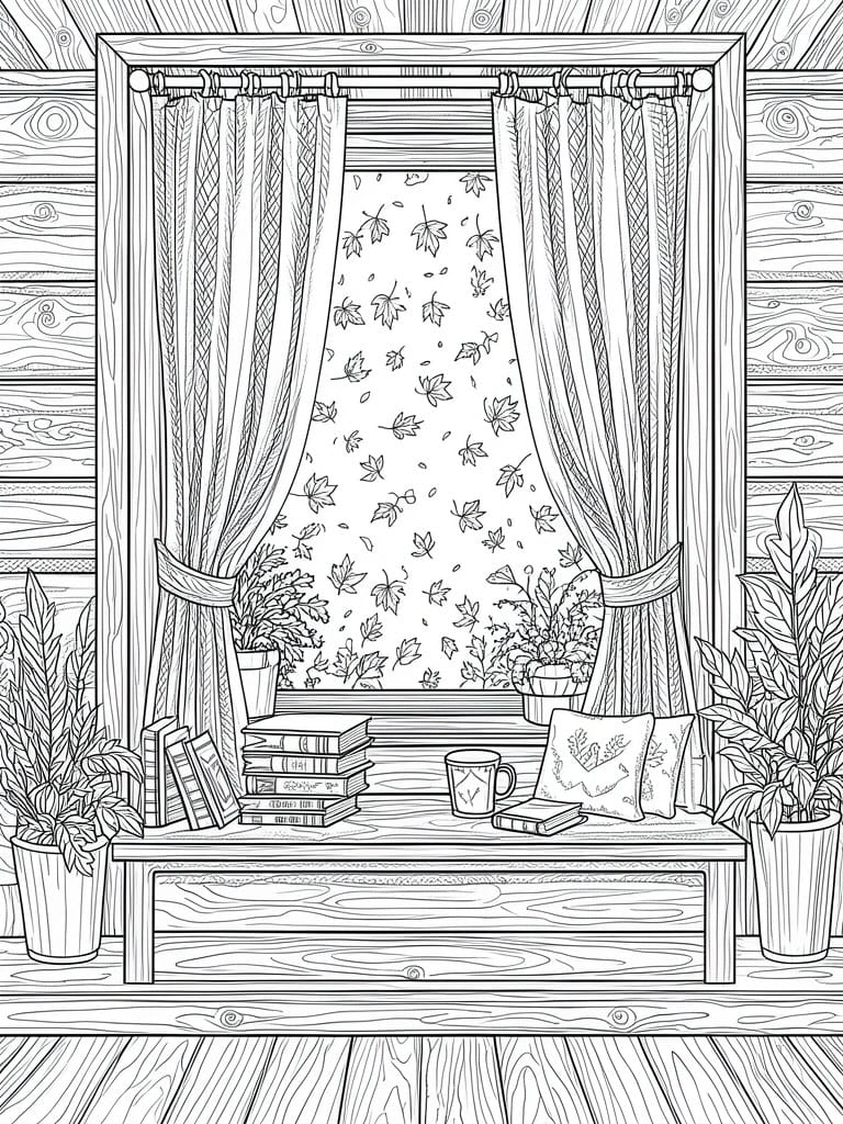 Cozy wooden window bench with curtains, books, mug, pillows, and potted plants in line art
