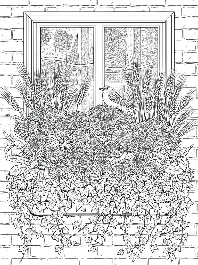 A black and white line drawing of a double window with curtains, a bird perched on a flower-filled windowsill with wheat stalks, and ivy hanging over a brick wall.