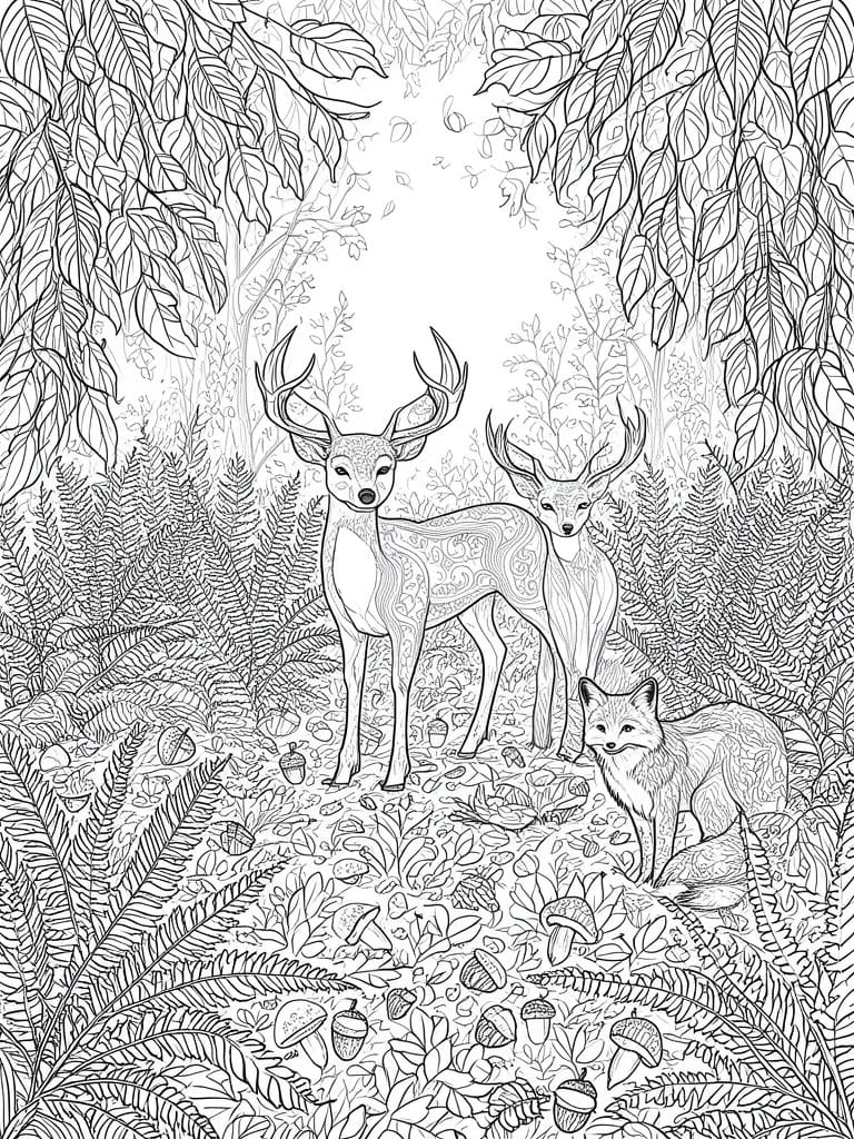 Two deer with antlers and a fox amid detailed forest foliage line art