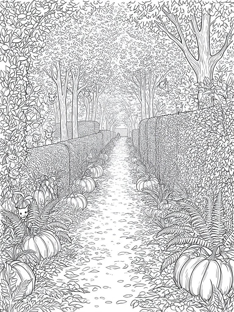 Black and white line drawing of a winding forest path with pumpkins, hedges, and animals