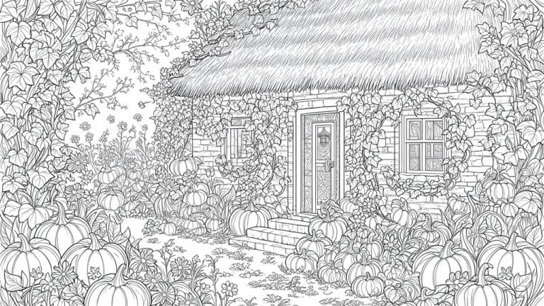 Line drawing of a thatched stone cottage with vines, pumpkins, and flowers.