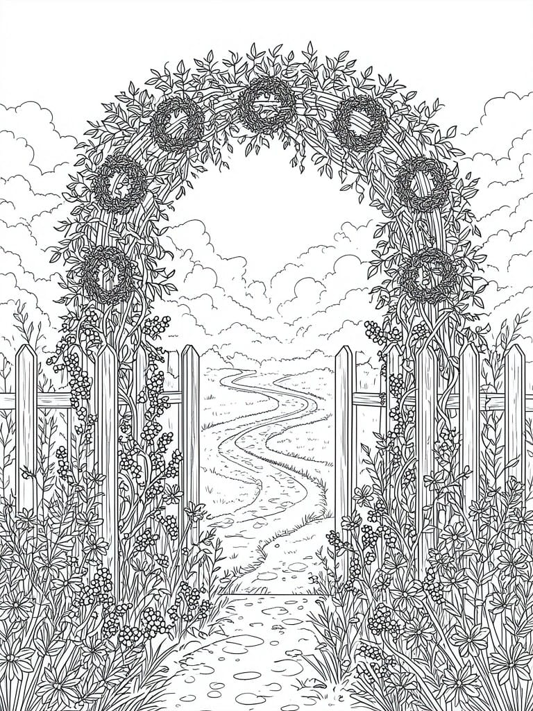 A black and white line drawing of a garden arch covered in flowers and bird nests overlooking a winding path through fields.