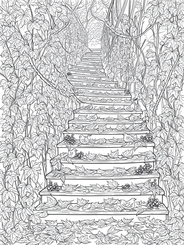 Black and white line art of a leaf-covered staircase rising through a forest with birds, berries, and ivy on both sides.