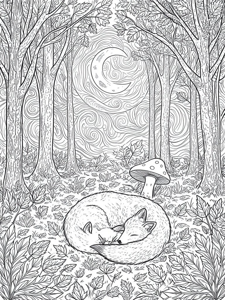 Sleeping foxes curled under swirling crescent moon in detailed forest line art.