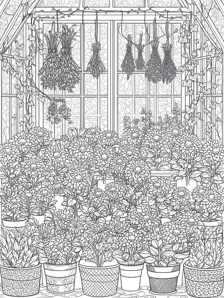 A black and white line drawing of a greenhouse interior filled with numerous potted flowers, hanging dried plants, and ivy-covered windows.