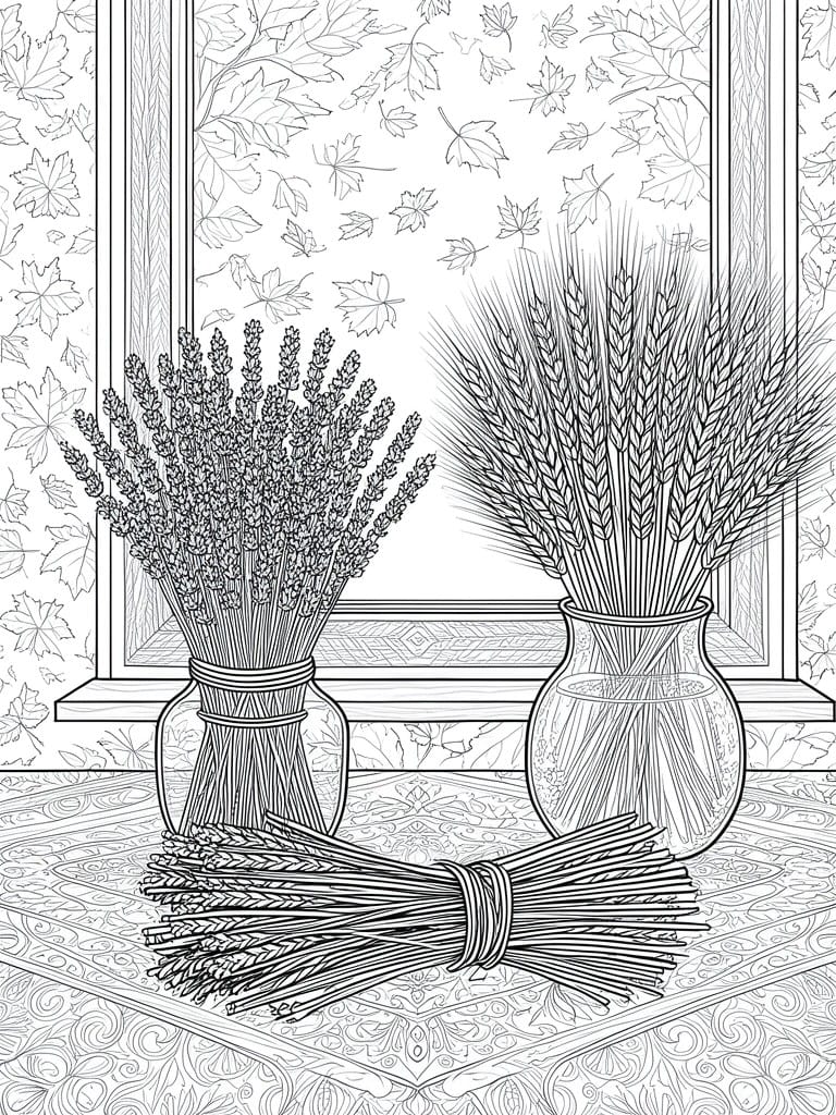 Line drawing of two vases holding lavender and wheat on a windowsill with a tied wheat bundle on a patterned table and leaves visible outside the window.