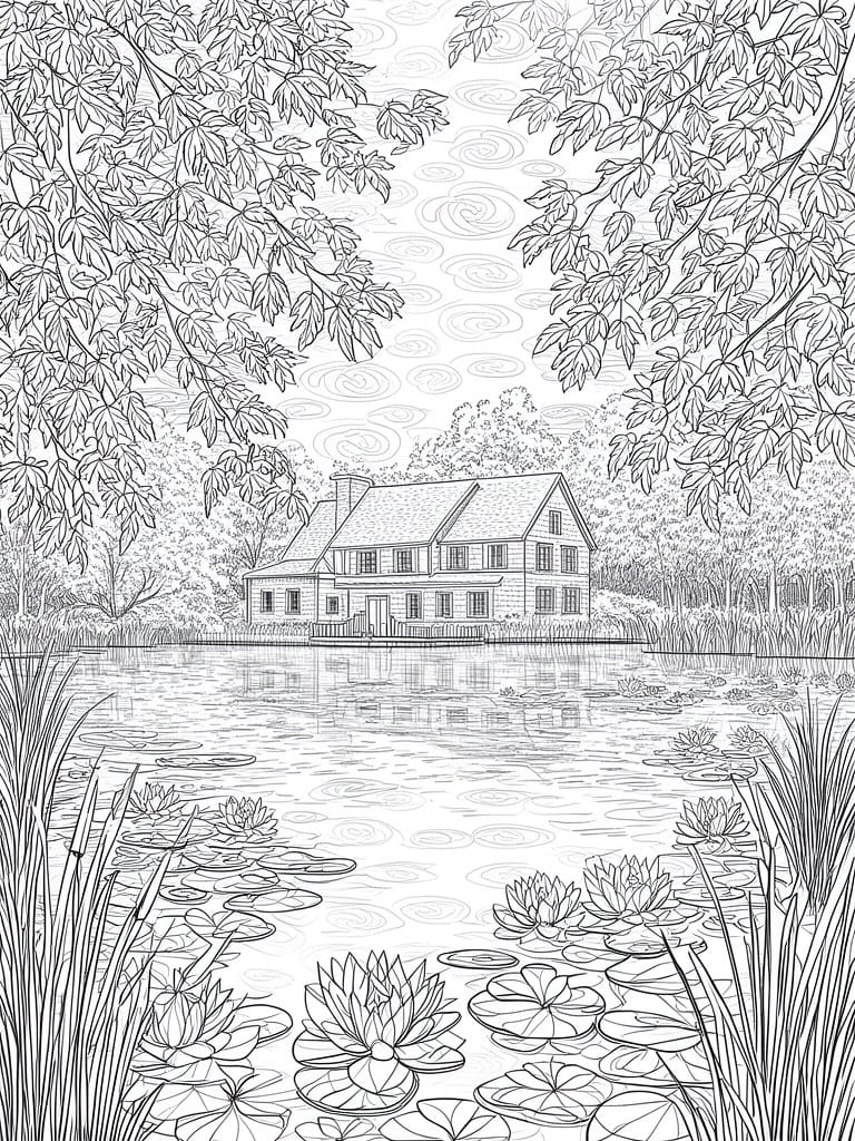 Black-and-white line art of a house by a pond with water lilies and trees.