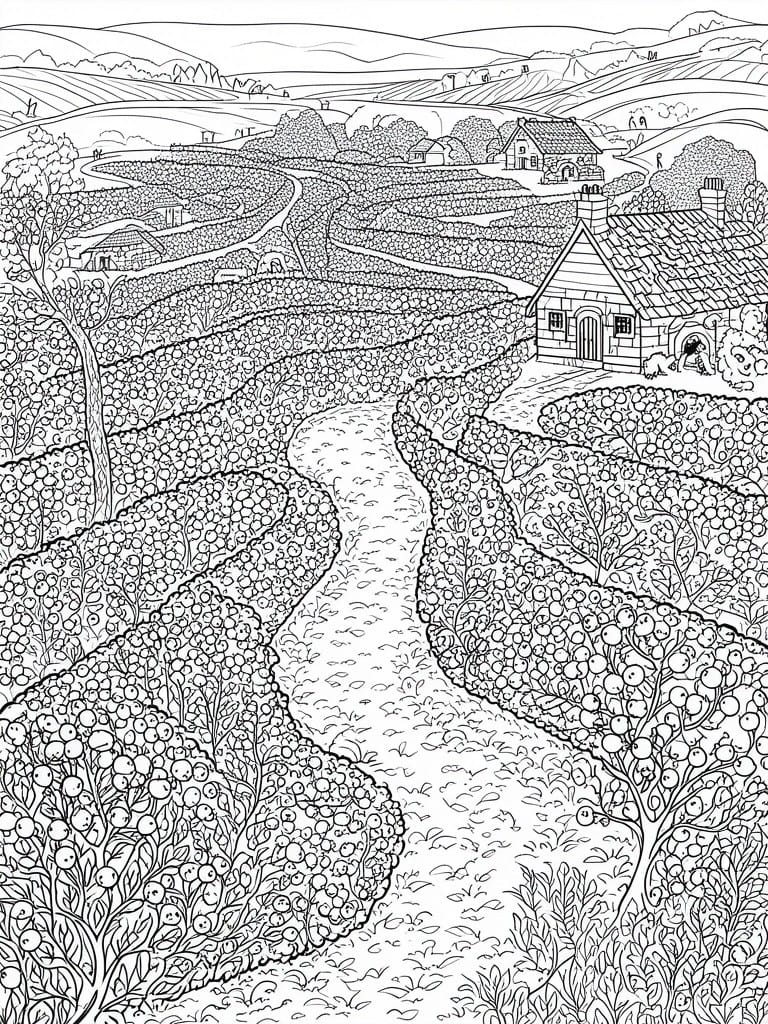 Black-and-white line drawing of rural landscape with cottages, orchards, and winding paths.
