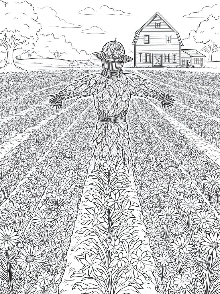 A black and white line drawing shows a scarecrow made of leaves standing in a field of flowers with a barn behind it.