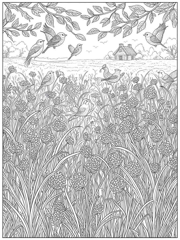 Black-and-white illustration of birds among wildflowers and grasses with a house in the background.