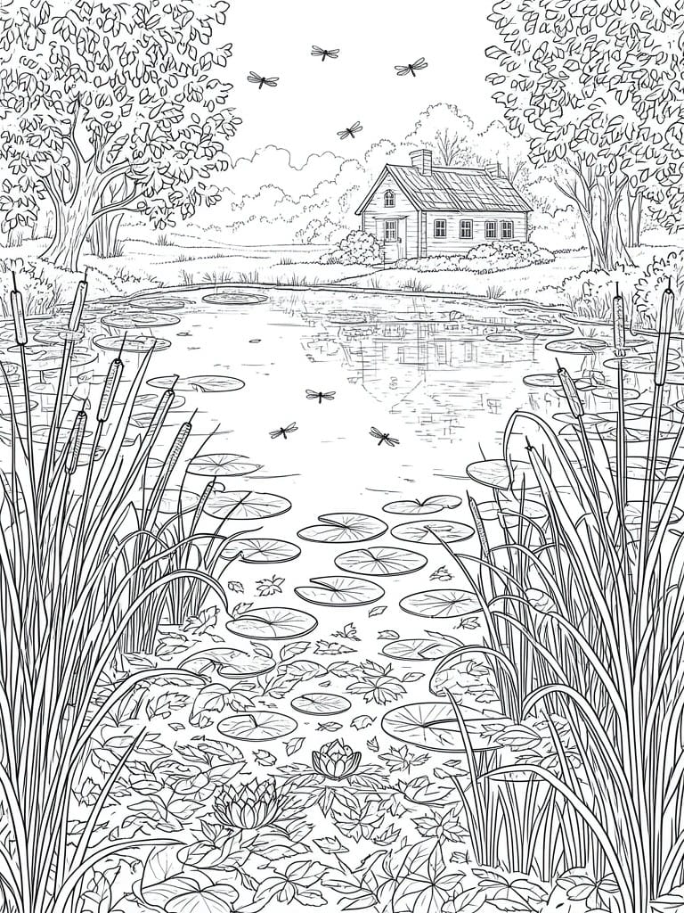 Line drawing of a pond with lily pads, dragonflies, reeds, trees, and a house.