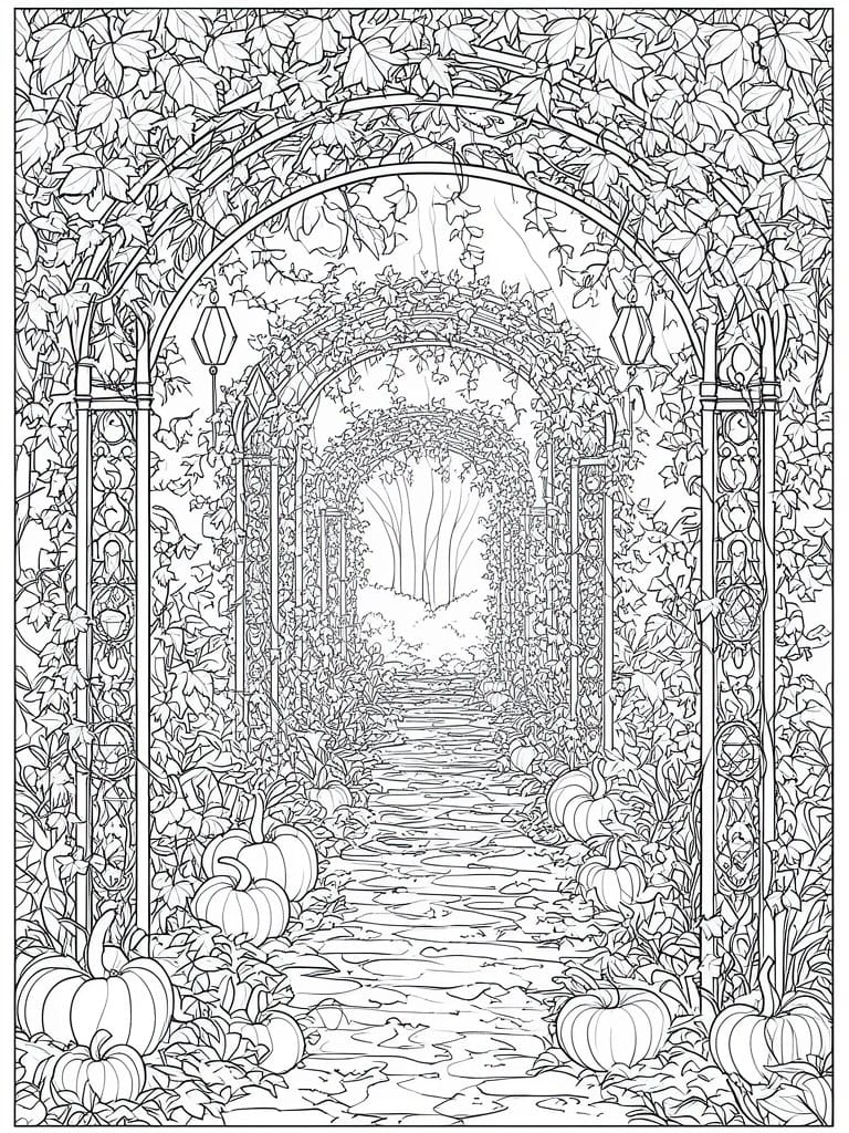 A black and white line drawing of a long vine-covered archway with pumpkins along a path and lanterns hanging from the sides.