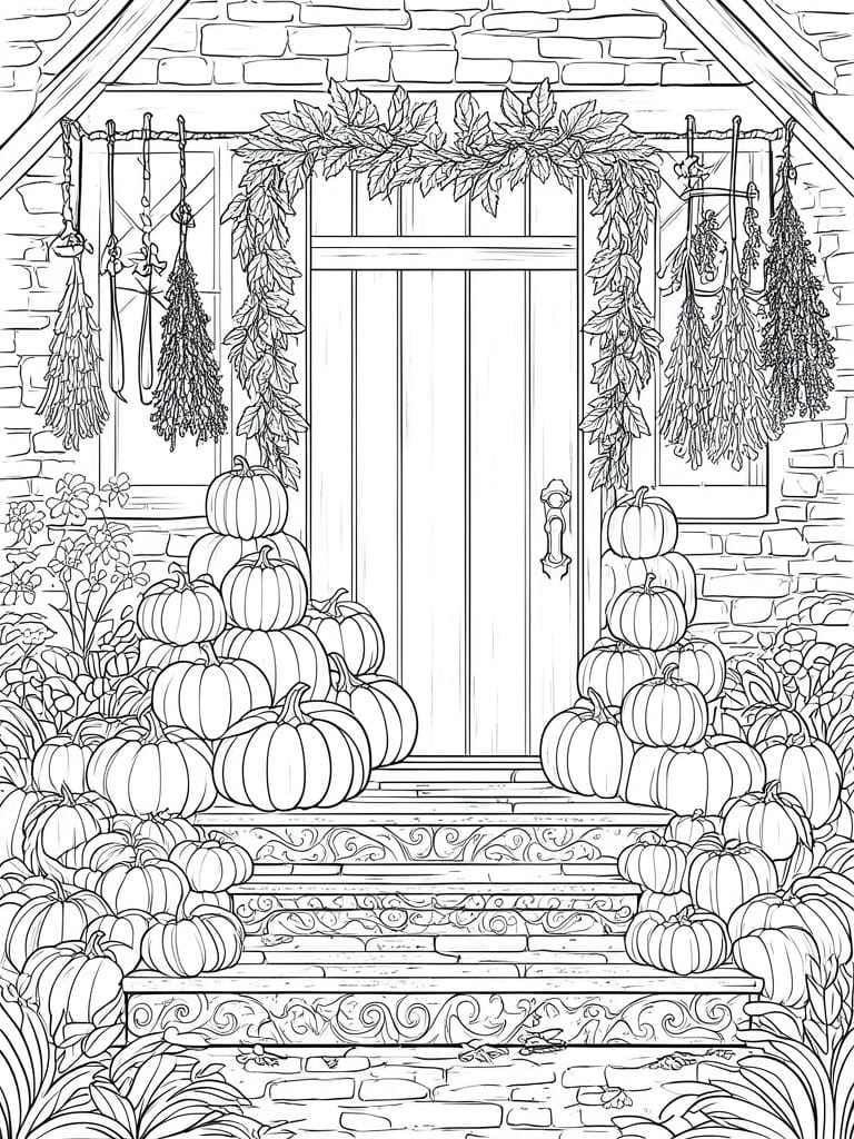 Black-and-white line art of stone house door with stacked pumpkins and fall garlands.