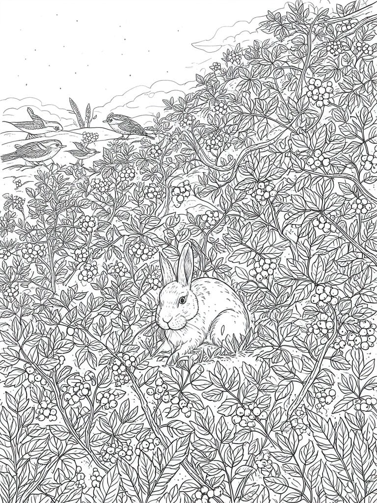 Line art of rabbit amid berry bushes with birds under starry sky.