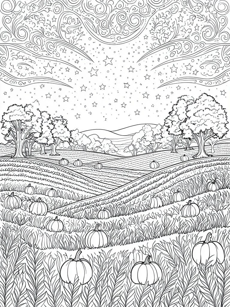 Coloring book page of starry night over pumpkin fields with trees and hills