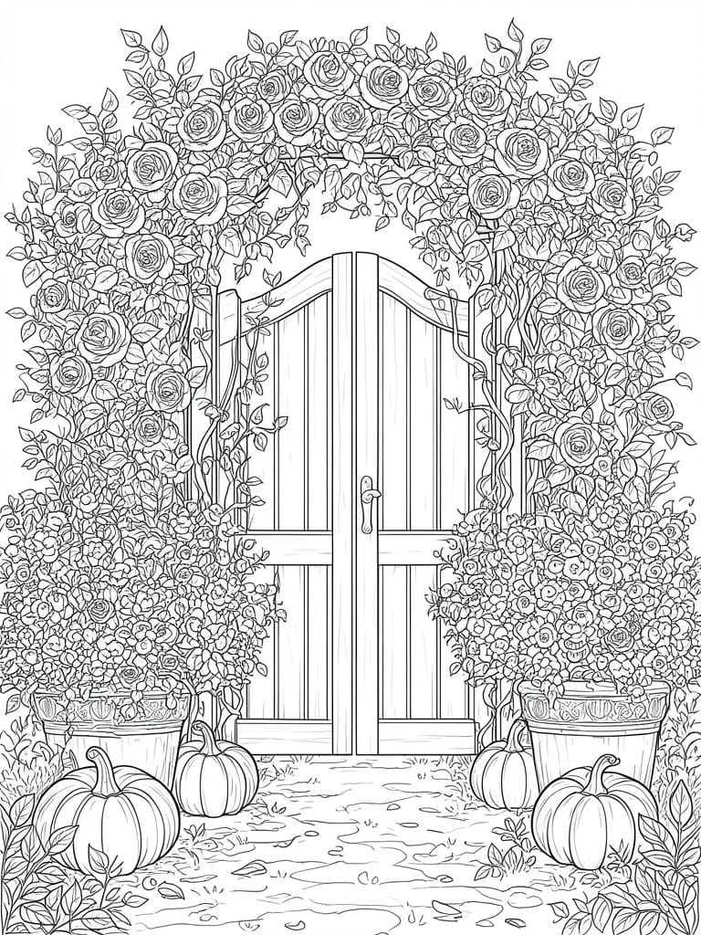 A black and white line drawing of a double wooden gate under an arch of roses, flanked by potted shrubs and pumpkins on the ground.