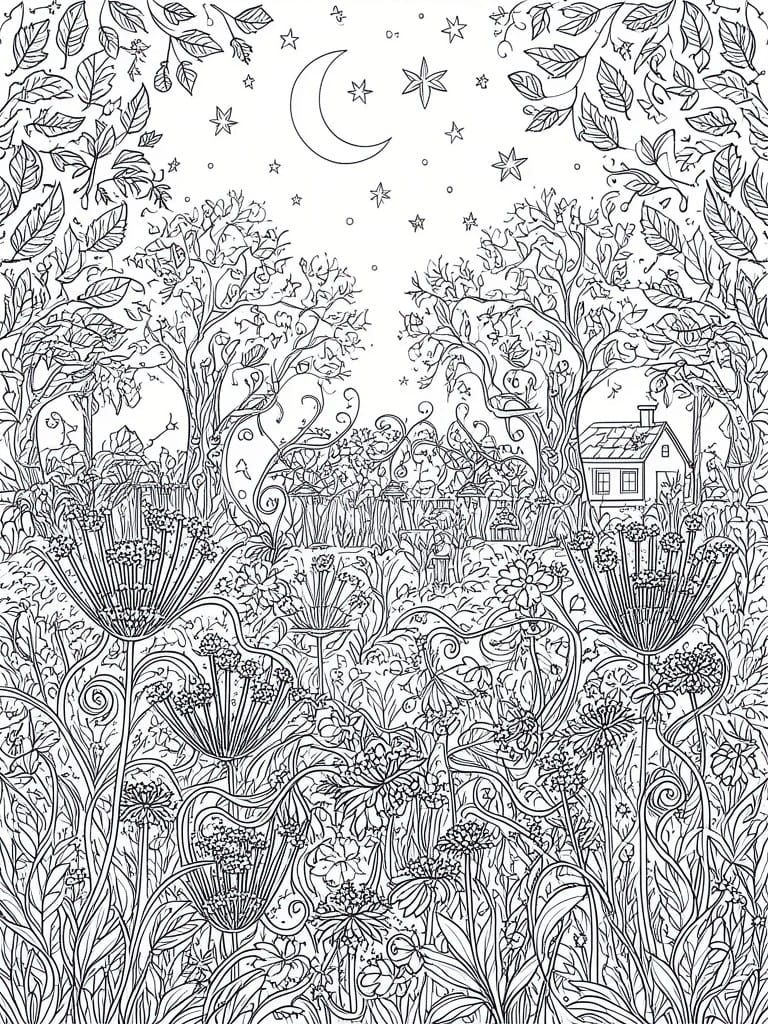 Intricate black-and-white line drawing of moonlit garden path with house and stars.